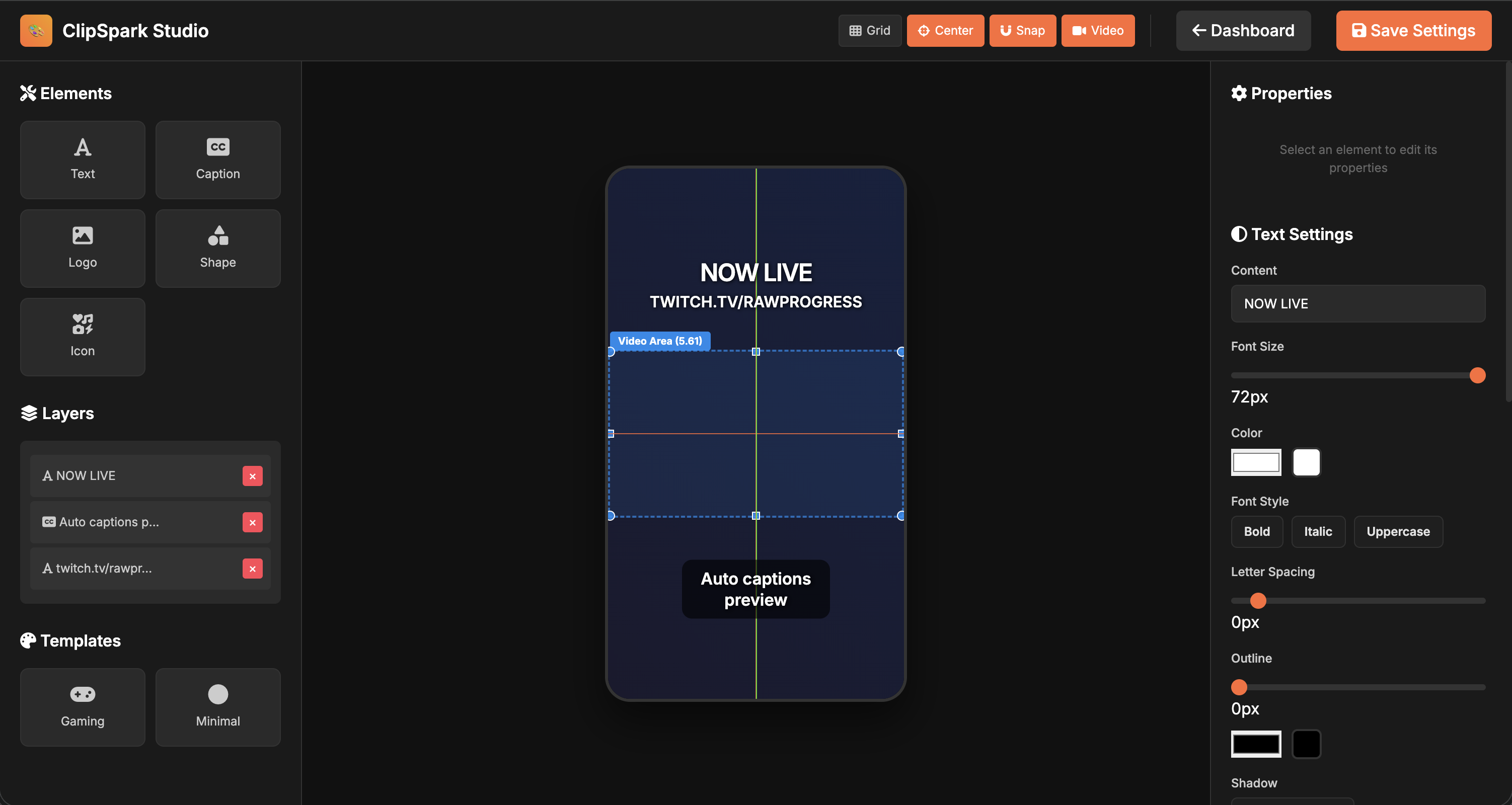 ClipSpark Studio overlay builder showing drag-and-drop interface with text, captions, video area, and layers