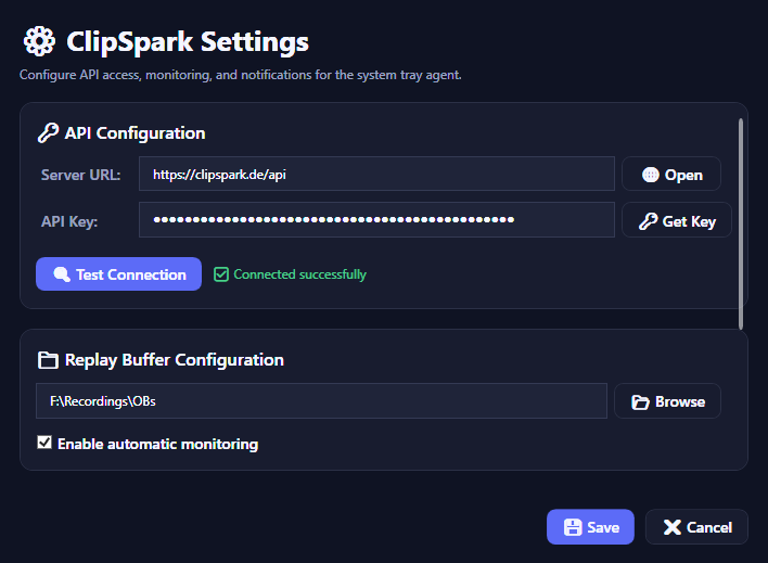ClipSpark App settings showing API connection and automatic replay buffer monitoring